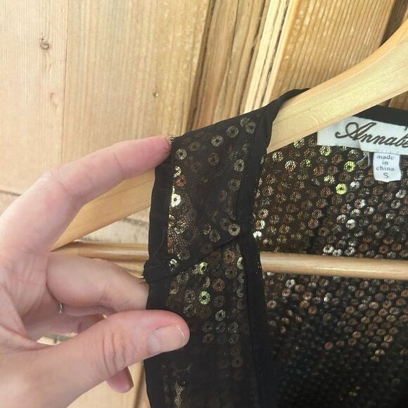 Annabella Small Black Tank Top Gold Sequins Layered Blouse - Picture 6 of 12